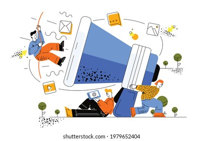 Pr managers communicate and huge megaphone. Transmission of important information via social networks. The guy sits under a big megaphone and looks into the tablet. Public relations platform.