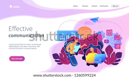 Pr managers communicate and huge megaphone. Public relations and affairs, communication, pr agency and jobs concept on white background. Website vibrant violet landing web page template.