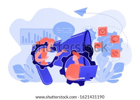 Pr managers communicate and huge megaphone. Public relations and affairs, communication, pr agency and jobs concept on white background. Pink coral blue vector isolated illustration