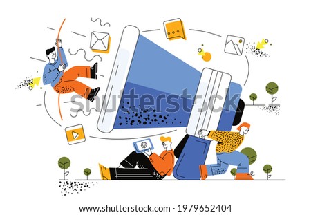Pr managers communicate and huge megaphone. Transmission of important information via social networks. The guy sits under a big megaphone and looks into the tablet. Public relations platform.