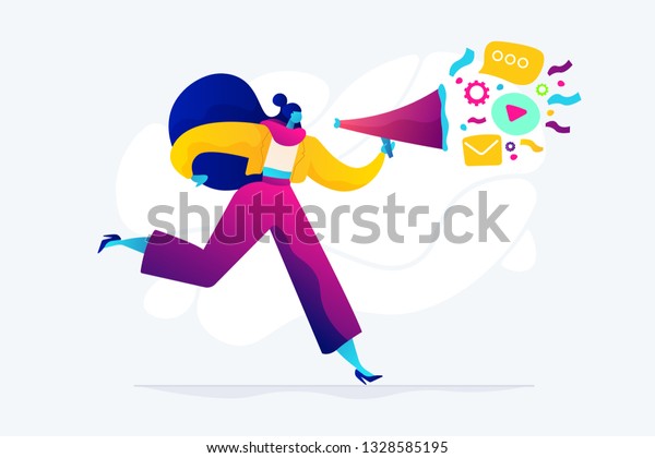 Pr managers communicate and huge megaphone.\
Public relations and affairs, communication, pr agency and jobs\
concept on white background. Bright vibrant violet vector isolated\
illustration