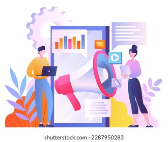 Pr managers concept. Man with laptop and woman near loudspeaker. Promotion of goods and company, brand building. Advertising and marketing. Cartoon flat vector illustration