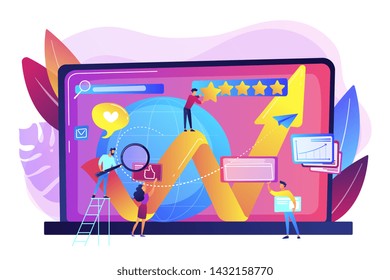 PR managers, Internet marketers coworking. Online reputation management, product and service search results, digital space representation concept. Bright vibrant violet vector isolated illustration