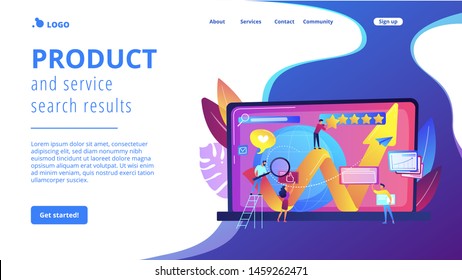 PR managers, Internet marketers coworking. Online reputation management, product and service search results, digital space representation concept. Website homepage landing web page template.