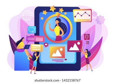 PR managers team working, personal development. Online identity management, digital Identity management, product web presence concept. Bright vibrant violet vector isolated illustration