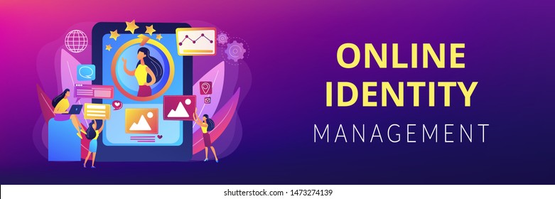 PR managers team working, personal development. Online identity management, digital Identity management, product web presence concept. Header or footer banner template with copy space.