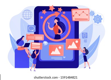 PR managers team working, personal development. Online identity management, digital Identity management, product web presence concept. Pink coral blue vector isolated illustration