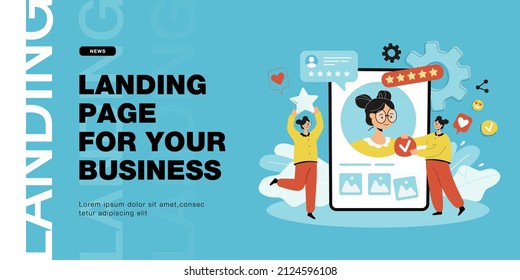 PR managers working online on personal brand for influencer. Tiny people advertising web profile of woman on mobile phone screen flat vector illustration. Self identity, awareness, presence concept