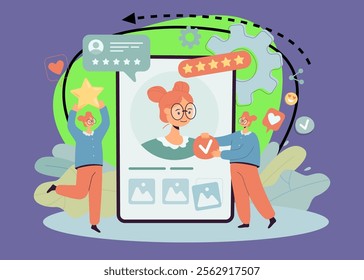 PR managers working online on personal brand for influencer. Tiny people advertising web profile of woman on mobile phone screen flat vector illustration. Self identity, awareness, presence concept