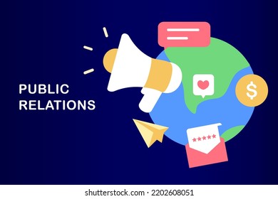 PR, marketing campaign, public relations concept on social media promotion. Management and digital marketing media strategy. Flat vector illustration. Idea of making announcements through mass media.