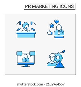 PR Marketing Color Icons Set. Spokesperson, Press Conference, Video Conference, Crisis Management. Communication. Social Media Concept. Isolated Vector Illustrations