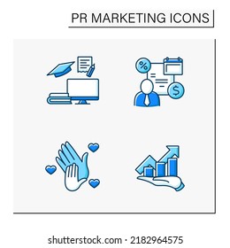 PR Marketing Color Icons Set. Education, Stakeholder, Participation In Charity, Rating. Communication. Social Media Concept. Isolated Vector Illustrations