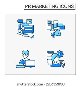 PR marketing color icons set. Portfolio, flyers and brochures, publicist, event manager. Communication. Social media concept. Isolated vector illustrations