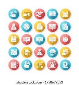 Pr marketing flat design long shadow glyph icons set. Brand image. Corporate identity. Public relation. Investment in foundation. Communication and global network. Silhouette RGB color illustration