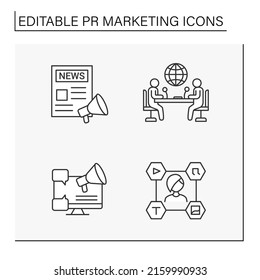 PR marketing line icons set. Newspaper, press conference, marketing, content manager. Social media concept. Isolated vector illustrations. Editable stroke