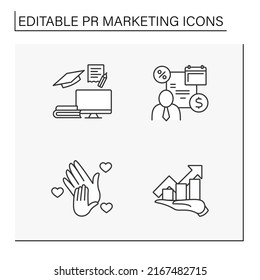 PR Marketing Line Icons Set. Education, Stakeholder, Participation In Charity, Rating. Communication. Social Media Concept. Isolated Vector Illustrations. Editable Stroke