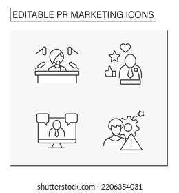 PR marketing line icons set. Spokesperson, press conference, video conference, crisis management. Communication. Social media concept. Isolated vector illustrations. Editable stroke