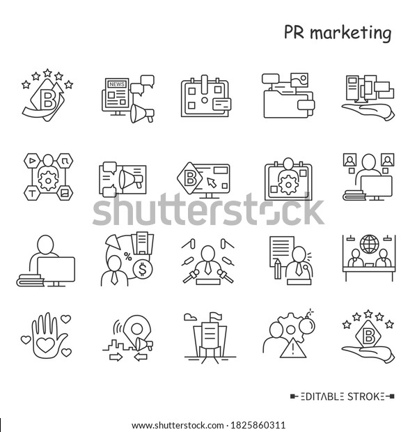 PR marketing line icons set. Brand image and attributes.\
public relations professionals, corporate website and company\
management depiction. Isolated vector illustrations. Editable\
stroke 