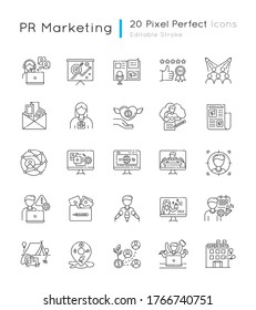 Pr marketing pixel perfect linear icons set. Brand image. Corporate identity. Public relation. Customizable thin line contour symbols. Isolated vector outline illustrations. Editable stroke