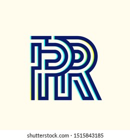 PR monogram.Typographic logo with letter p and letter r overlapped.Holographic style.Lettering icon.Alphabet initials.Characters sign in neon colors.Geometric lines.Labyrinth, maze shape.