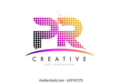 PR P R Dots Letter Logo Design with Magenta Bubble Circles and Swoosh