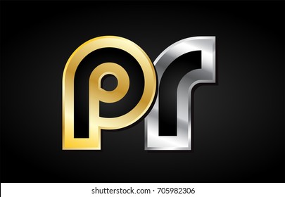 PR P R gold golden silver alphabet letter metal metallic grey black white background combination join joined together logo vector creative company identity icon design template modern