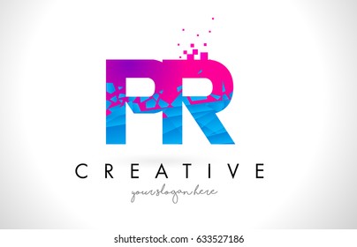 PR P R Letter Logo with Broken Shattered Blue Pink Triangles Texture Design Vector Illustration.