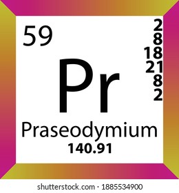 Pr Praseodymium Chemical Element Periodic Table. Single vector illustration, colorful Icon with molar mass, electron conf. and atomic number for Lab, science or chemistry class.