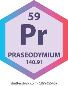 Pr Praseodymium Lanthanide Chemical Element Periodic Table. Hexagon vector illustration, colorful Hexagon clean style Icon with molar mass and atomic number for Lab, science or chemistry education.