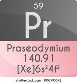 Pr Praseodymium Lanthanide Chemical Element Periodic Table. Square vector illustration, colorful clean style Icon with molar mass, electron config. and atomic number for Lab, science or chemistry 