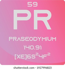 Pr Praseodymium Lanthanide Chemical Element vector illustration diagram, with atomic number, mass and electron configuration. Simple gradient flat hexagon design for education, lab, science class.
