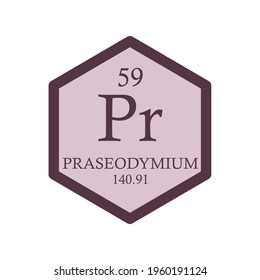 Pr Praseodymium Lanthanide Chemical Element Periodic Table. Hexagon vector illustration, simple clean style Icon with molar mass and atomic number for Lab, science or chemistry education.