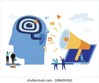 Pr Public Relation.
Content Strategy Marketing Advertising.
Vector Illustration Banner Concept.
Business People Communicates Through A Megaphone.