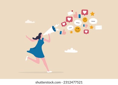 PR, public relation or marketing communication, advertising campaign or social media marketing, online promotion or email newsletter concept, young woman PR speak on megaphone on social media.