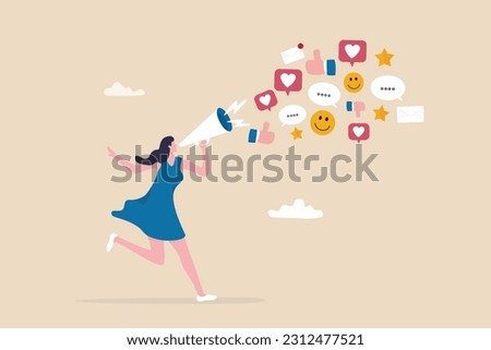 PR, public relation or marketing communication, advertising campaign or social media marketing, online promotion or email newsletter concept, young woman PR speak on megaphone on social media.