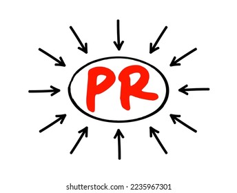 PR Public Relations acronym - practice of managing and disseminating information from an individual or an organization to the public in order to influence their perception, text concept with arrows
