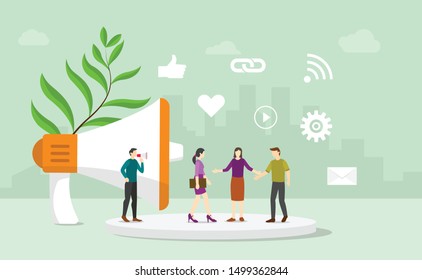 pr public relations business corporate concept with team people communicate with consumers and buyer with modern flat style - vector