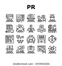 Pr Public Relations Collection Icons Set Vector. Pr Strategy And Events, Interview And Press Release, Meeting And Responses To Media Inquiries Black Contour Illustrations