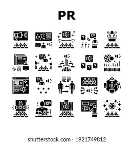 Pr Public Relations Collection Symbole Set Vector. PRr Strategie und Veranstaltungen, Interview und Pressemitteilung, Sitzung und Antworten auf Medienanfragen Glyph Piktogramme Schwarze Illustrationen