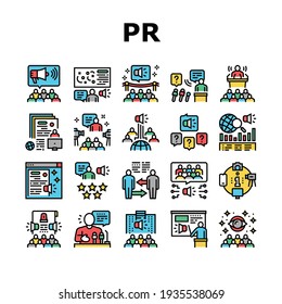 Pr Public Relations Collection Icons Set Vector. Pr Strategy And Events, Interview And Press Release, Meeting And Responses To Media Inquiries Concept Linear Pictograms. Contour Color Illustrations