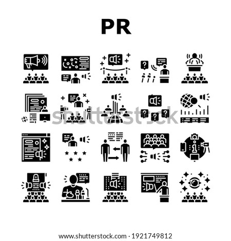 Pr Public Relations Collection Icons Set Vector. Pr Strategy And Events, Interview And Press Release, Meeting And Responses To Media Inquiries Glyph Pictograms Black Illustrations