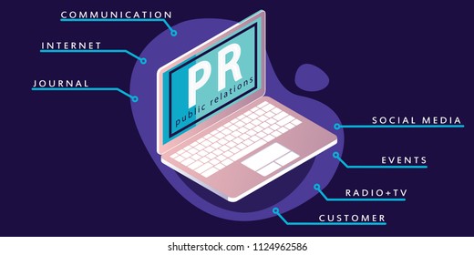 PR public relations concept banner in neon and purple colors. Vector illustration 