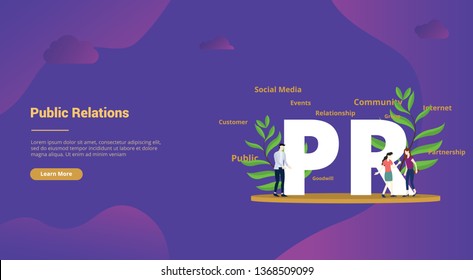 pr public relations concept with big text and people team for website template landing homepage - vector illustration