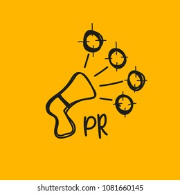 PR, public relations, hand drawn doodle megaphone with targets. Vector stock