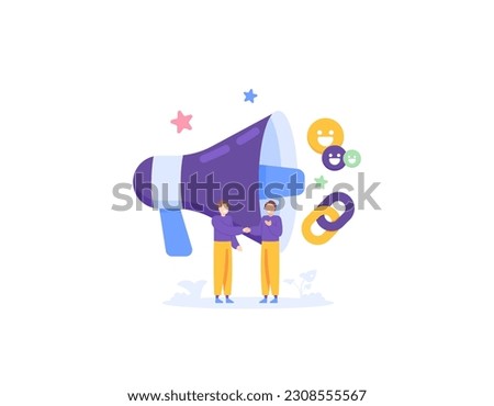 PR or public relations. Media Relations, Publicity, Public Affairs. Marketing communications. Establish good and harmonious relationships with business partners. a man and a big megaphone. concept