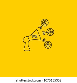 PR, public relations, megaphone and target arrow icon, business logo, marketing, loudspeaker and goals, social network, community and communication. Vector illustration