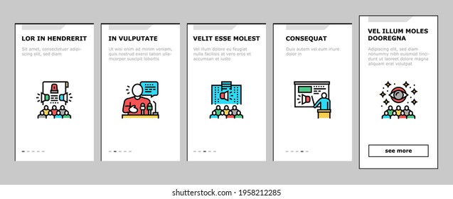 Pr Public Relations Onboarding Mobile App Page Screen Vector. Pr Strategy And Events, Interview And Press Release, Meeting And Responses To Media Inquiries Illustrations