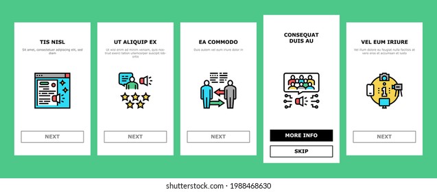 Pr Public Relations Onboarding Mobile App Page Screen Vector. Pr Strategy And Events, Interview And Press Release, Meeting And Responses To Media Inquiries Illustrations