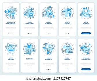 PR services blue onboarding mobile app screen set. Business reputation walkthrough 5 steps graphic instructions pages with linear concepts. UI, UX, GUI template. Myriad Pro-Bold, Regular fonts used