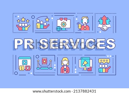 PR services word concepts purple banner. Business reputation strategy. Infographics with icons on color background. Isolated typography. Vector illustration with text. Arial-Black font used
